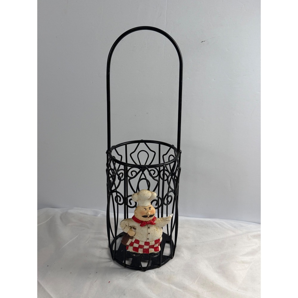 Fat Chef Wine Bottle Holder Black Metal Wire Scrollwork Caddy Figurine Decor